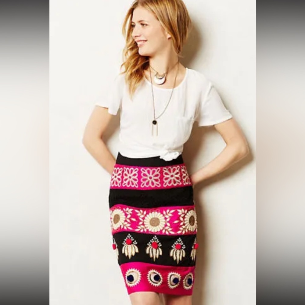 Anthropologie Leifsdottir Catrina Embroidered Pom Pom Pencil Skirt SZ 4